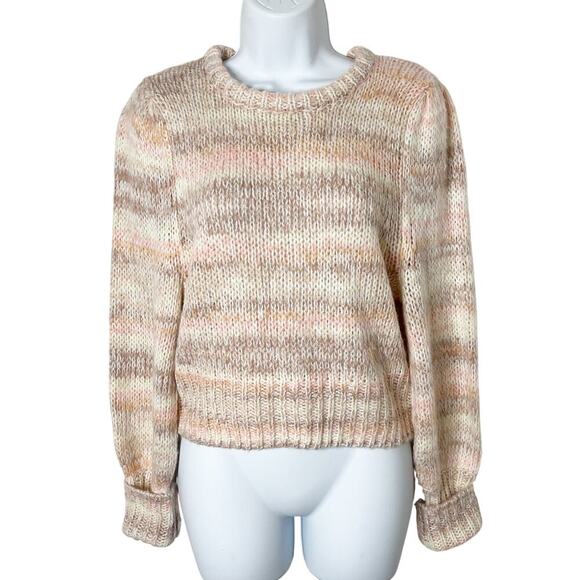 Wild Fable Women's Cropped Fuzzy Sweater M Peach Striped Crew Neck Puff Sleeve - Picture 2 of 9